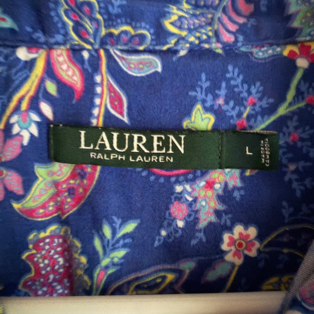 Lauren Ralph Lauren Sleep Shirt Blue Floral Paisley Cotton Button Tunic Large - Picture 5 of 6